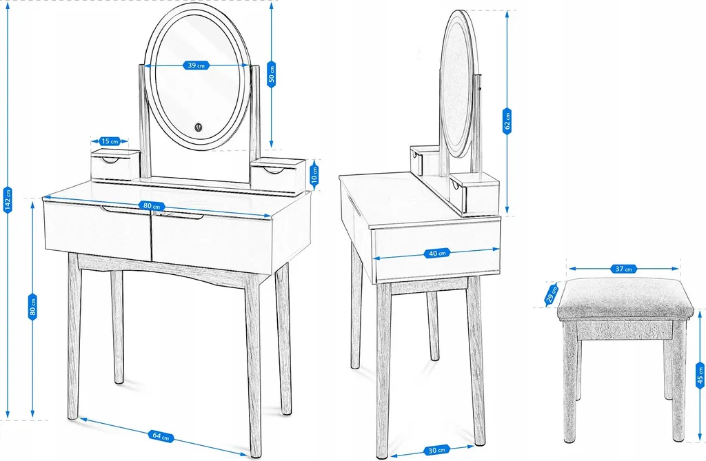 JUMI Coiffeuse Blanche avec Miroir LED SCANDI et Tabouret Style Loft
