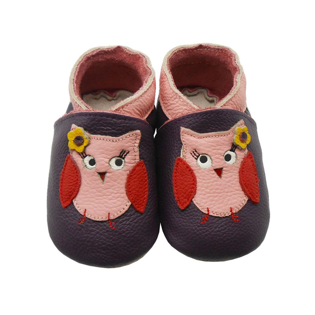 SAYOYO Baby Krabbelschuhe Echtleder, weiche Lauflernschuhe Mädchen & Jungen, rutschfeste Sohle, atmungsaktiv, Eulenmotiv, Lila, Gr. XL (18–24 ...