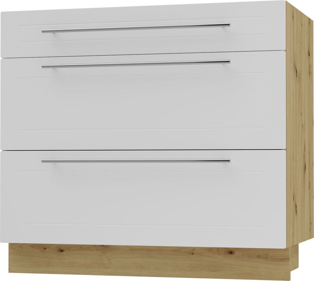 Schubladenunterschrank KVANTUM Teilauszug 90cm Korpus- & Frontfarbe wählbar (Q-D3M/90),weiß matt,eiche artisan