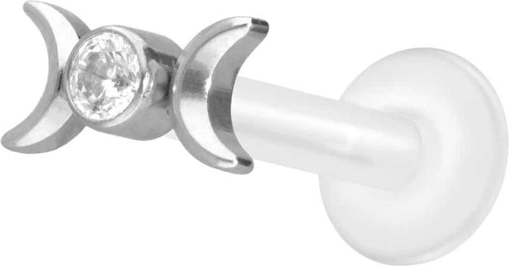 Ohrpiercing, Nasenpiercing PTFE Labret mit Innengewinde + Titan-Aufsatz 2 MONDE + KRISTALL Silber Stablänge: 10mm | Stabstärke: 1,6mm