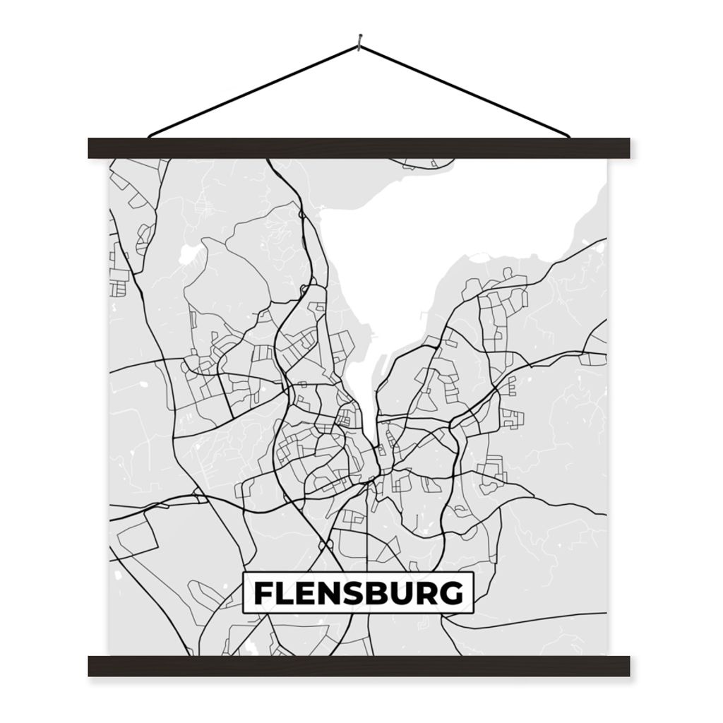 MuchoWow Textilposter Karte - Deutschland - Flensburg - Karte - Stadtplan 60x60 cm mit schwarzem Rahmen - Posteraufhänger