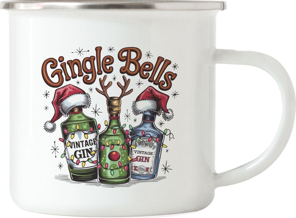 Gingle Bells Emaille-Tasse silber Gin Gintrinker Ginliebhaber Weihnachten Geschenkidee