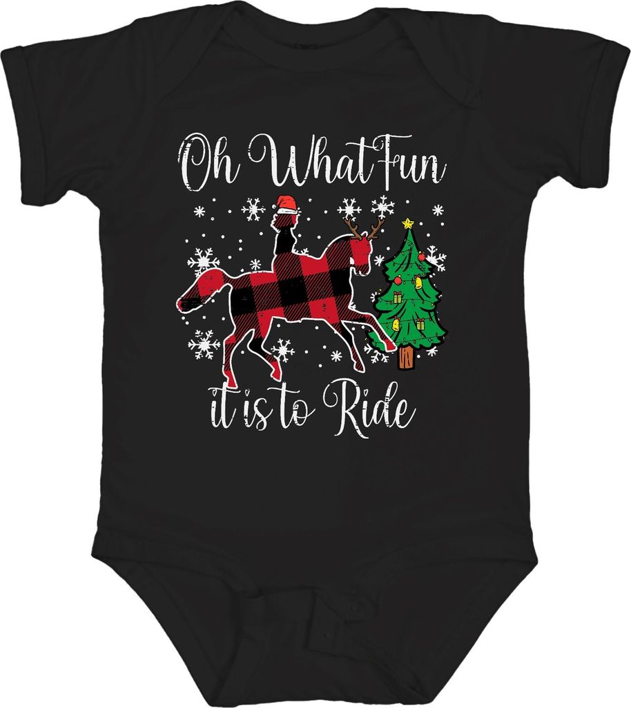 Oh What Fun Tis To Ride Weihnachten Pferd Rentier Buffalo Plaid Unisex Baby Body, Schwarz, 12/18