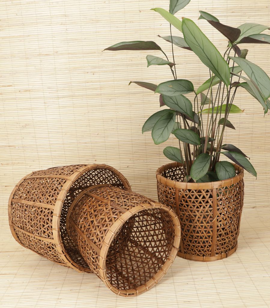 Rattan Papierkorb, Übertopf, Korb in 3 Größen, Braun, Größe: Klein 21*21*21 cm