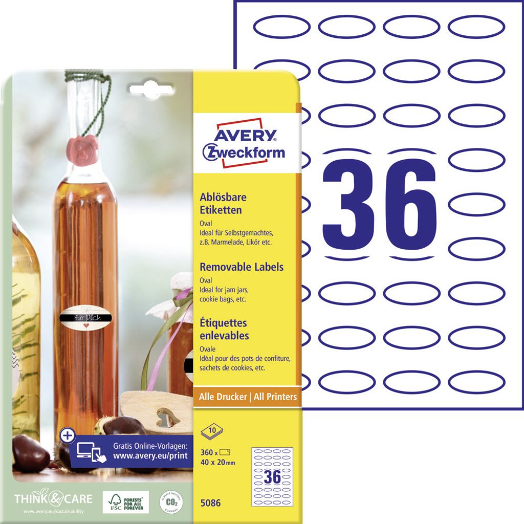 Avery Zweckform 5086 Ovale Etiketten, ablösbar, A4, 40 x 20 mm, 10 Bogen/360 Etiketten, weiß