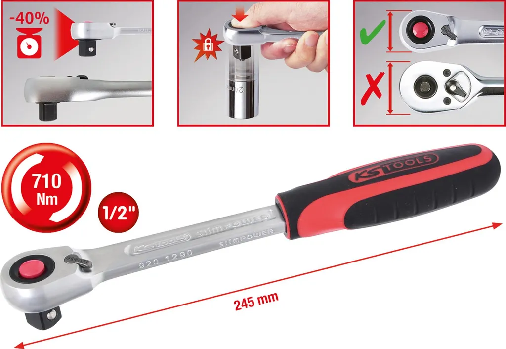Cliquet réversible 1/2" SlimPOWER 72 dents idéal pour mécanique auto