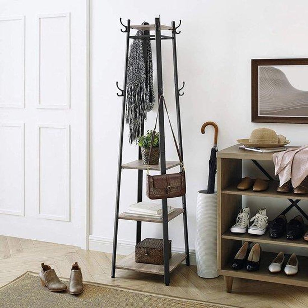 Kleiderstange aus mattschwarzem Eisen im Vintage-Stil mit 3 Regalen, platzsparend