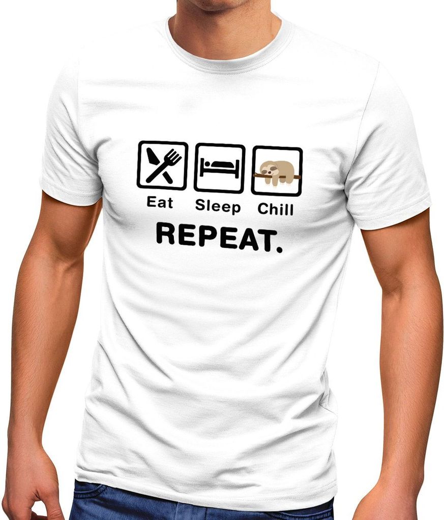 Herren T-Shirt mit Spruch Eat Sleep Repeat Mega Mix Fun-Shirt lustige Geschenke Moonworks Chill weiß XS