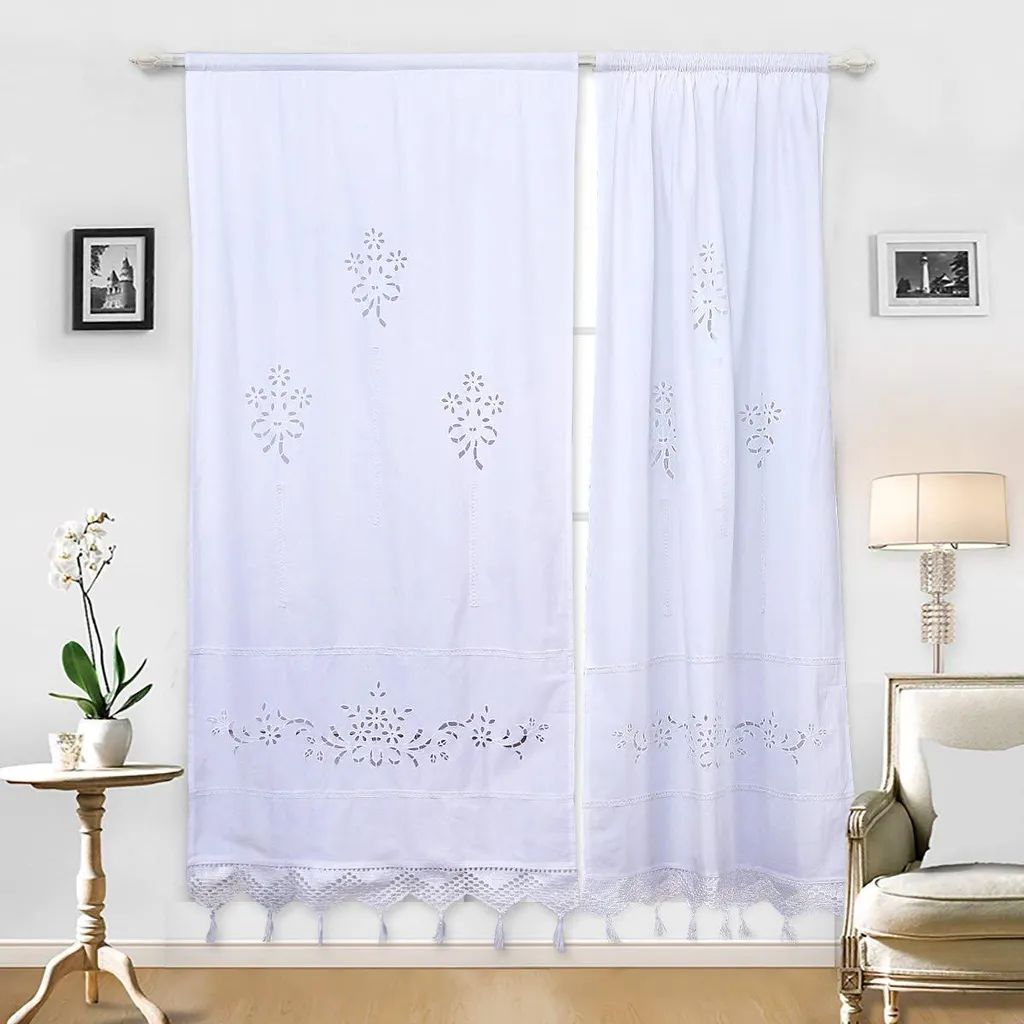 Voilage de cuisine blanc 70x150cm anti-regards en coton brodé (2 pcs)