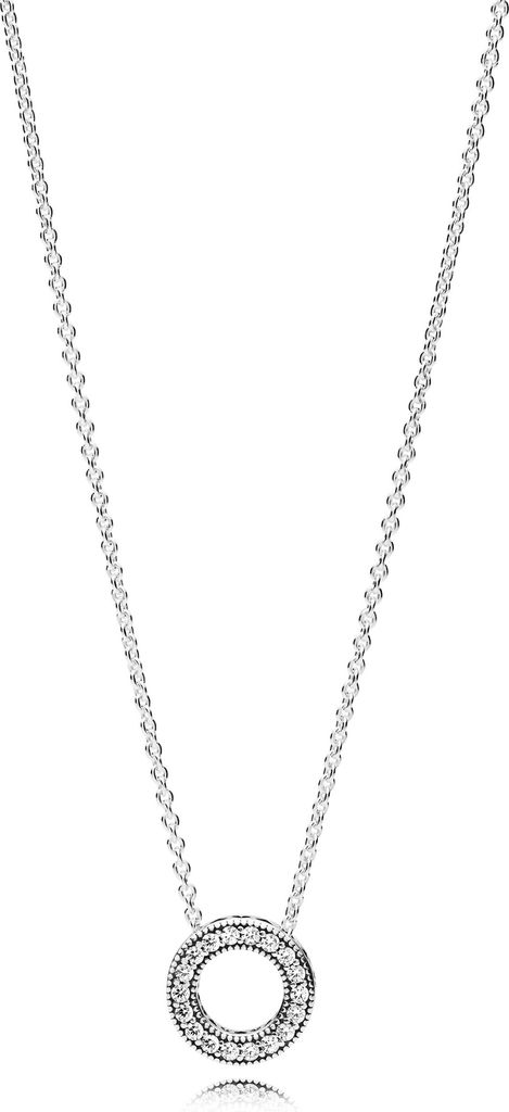 A silver necklace with a circular pendant adorned with small stones, displayed against a white background.