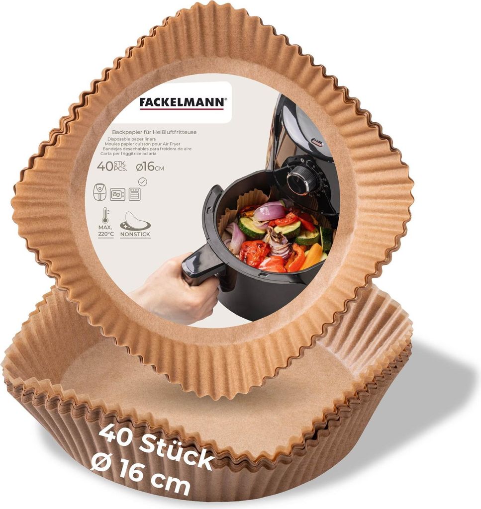 Fackelmann Backpapier für Heißluftfritteuse, 16 cm, rund, beschichtet, 40 Stück Ideal für fettige Speisen & einfache Reinigung