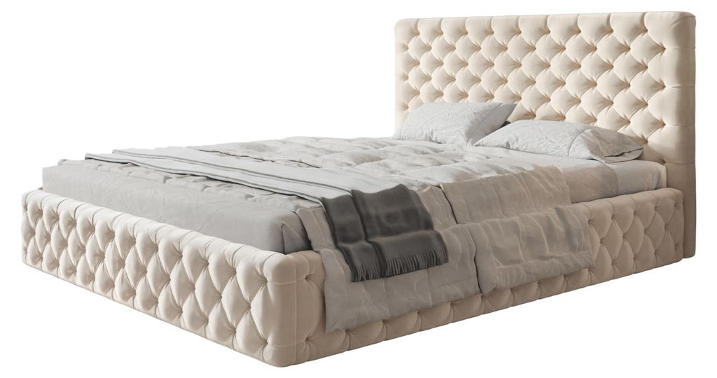 AlpiMeble Bett 140x200 - Polsterbett mit Bettkasten und Holzrahmen - Elegant Betten - Weicher Jasminstoff - Kollektion Miami, Beige