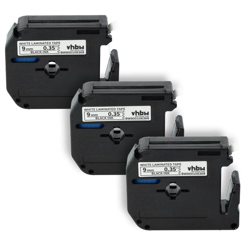 vhbw 3x Schriftband-Kassette kompatibel mit Brother P-Touch 70HK, 70SP, 70SR, 70HOL, 80, 70HOT Etiketten-Drucker 8m x 9mm Schwarz auf Weiß, Kunsts...