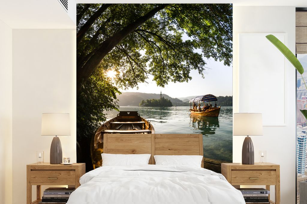 MuchoWow Fototapete für Wohnzimmer oder Schlafzimmer Wandtapete Vinyl Motivtapete Boot - See - Baum - 160x220 cm - Bildschirmhintergrund