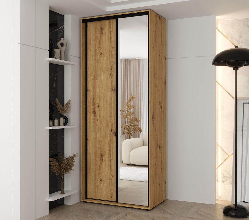 MINIO go for it, Kleiderschrank VADO, 100x235,2x45 cm, 2 Schiebetüren (1 Spiegel), 6 Einlegeböden, 2 ausziehbare Metallstangen, Artisan Eiche
