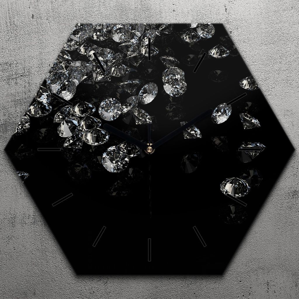 Uhr hexagonal 40 cm Glas Geräuschlos schwarze Zeiger - Diamanten Edelsteine