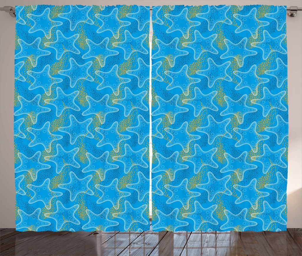 ABAKUHAUS Seestern Rustikaler Gardine, Seesterne Dots, Schlafzimmer Kräuselband Vorhang mit Schlaufen und Haken, 280 x 175 cm, Marigold Blau Weiß