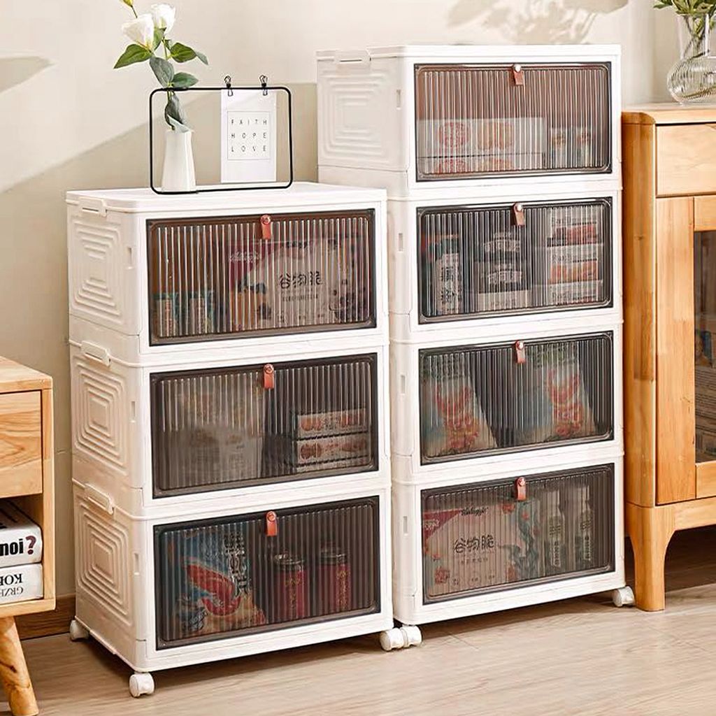 Faltbare Aufbewahrungsbox mit Deckel,3 Ebenen Stapelbare Aufbewahrungsboxen,Kunststoff Transparente Stapelboxen mit Tür & Rollen für Küche,Büro...