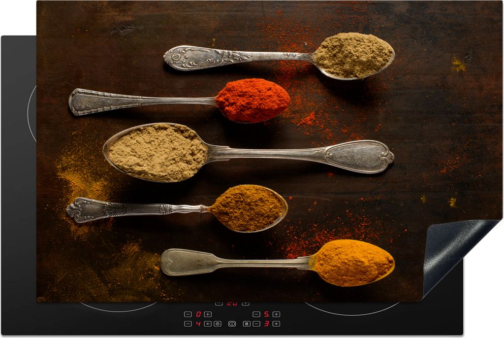 KitchenYeah Herdabdeckplatte Indische Gewürze auf einem Löffel , 80x52cm, Küche Deko, Glaskeramikfeld Herdabdeckung, Abdeckplatte fùr Kochfeld