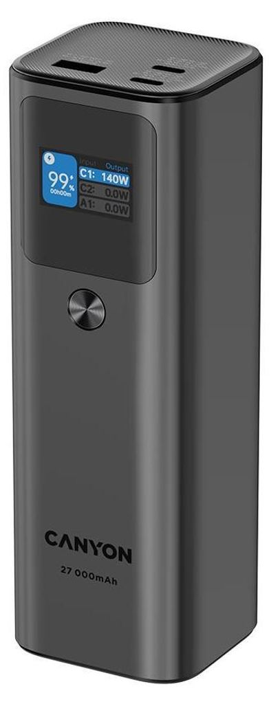 A dark gray Canyon power bank with a digital display.