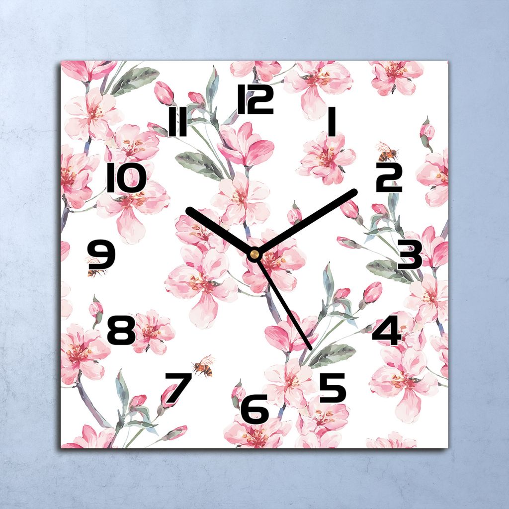 Wanduhr Echt-Glas-Küchenuhr Blühende Blumen Quarz Lautlos 30x30 Deko Bilder
