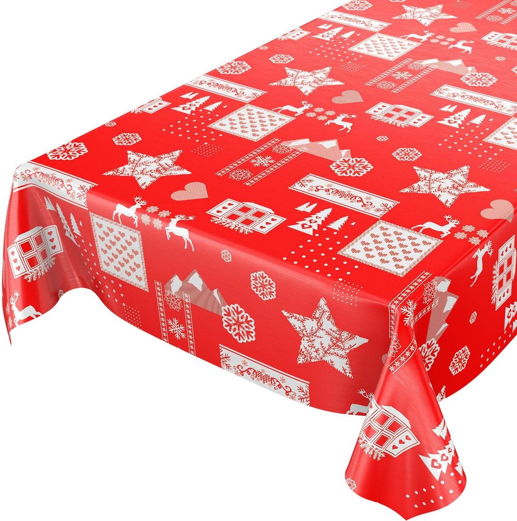 Tischdecke Wachstuch Weihnachten Rot Robust Wasserabweisend Breite 140 cm Länge 120 cm