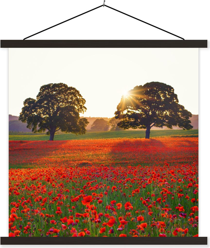 MuchoWow Textilposter Ein Mohnfeld mit zwei großen Bäumen 40x40 cm mit schwarzem Rahmen - Fotos