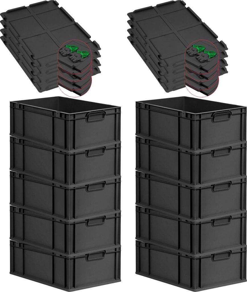 SuperSparSet 10x Eurobox NextGen Grip mit Scharnierdeckel und grünen Schiebeschnappverschlüssen | HxBxT 22x40x60cm | 44 Liter | Schwarz | Griffe ...