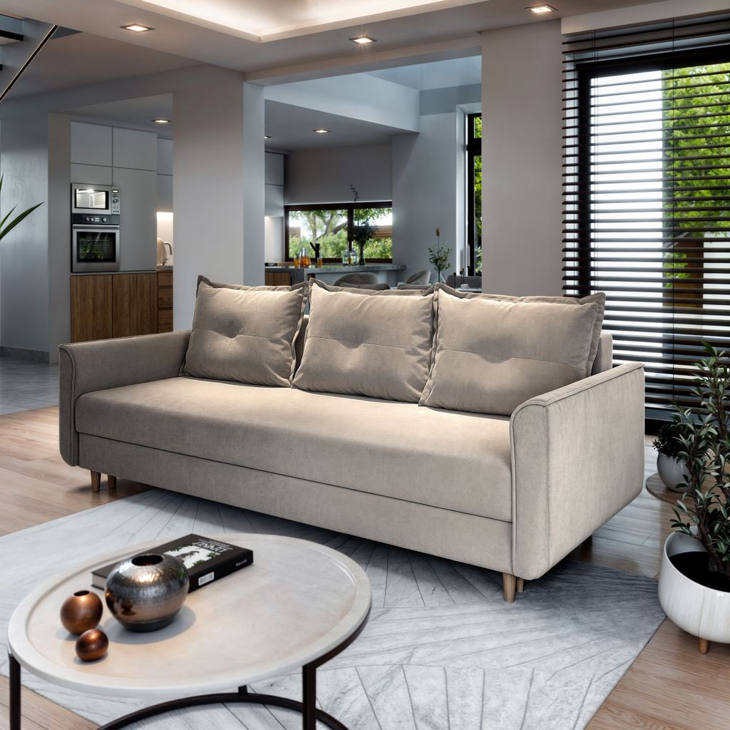Sofa NAPOL Beige Plüsch-Stoff mit Schlaffunktion, Sofa mit Produktbild 