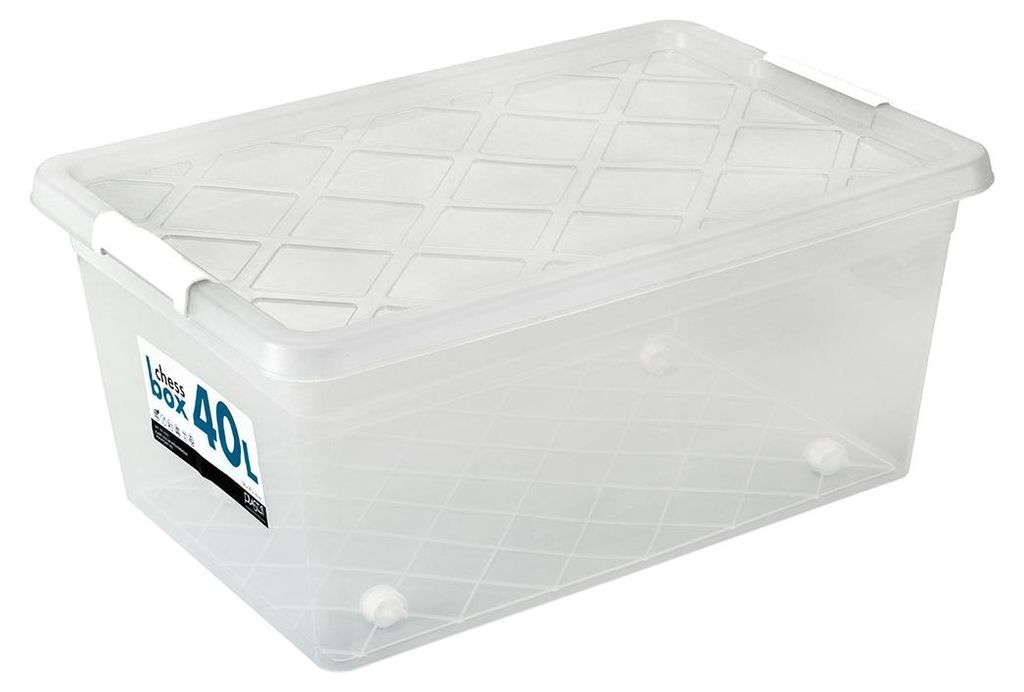A clear, well-lit studio shot of a transparent plastic storage box with a lid.