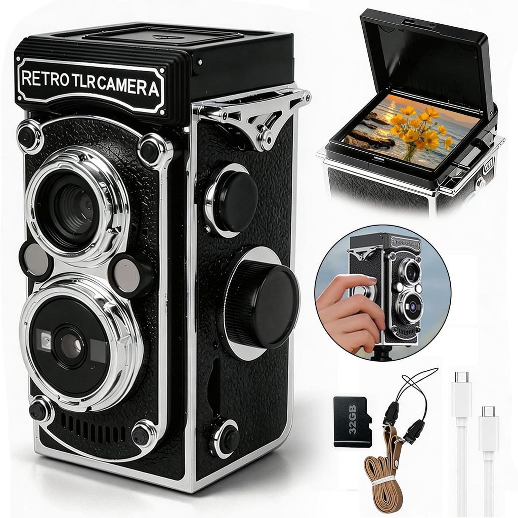 Mini Retro Digitalkamera 4800MP, 1080P Video, Nachtsicht, Handkurbel, 32GB Speicherkarte, 1,54" Display, wiederaufladbar, tragbar