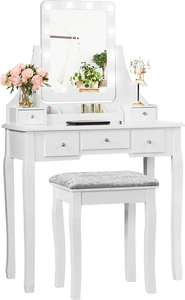 Table de Maquillage Blanche avec 5 Tiroirs et Tabouret Rembourré LED