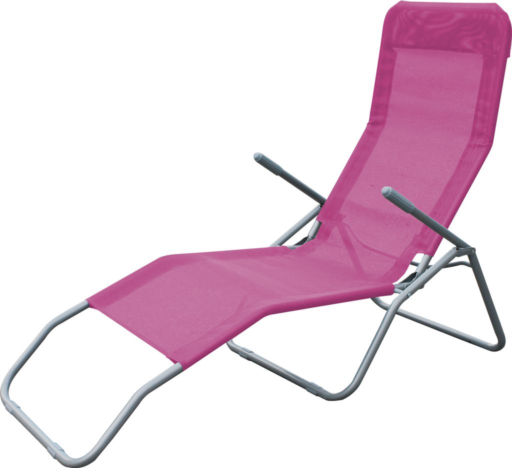 A pink chaise lounge chair with a metal frame, shown against a white background.