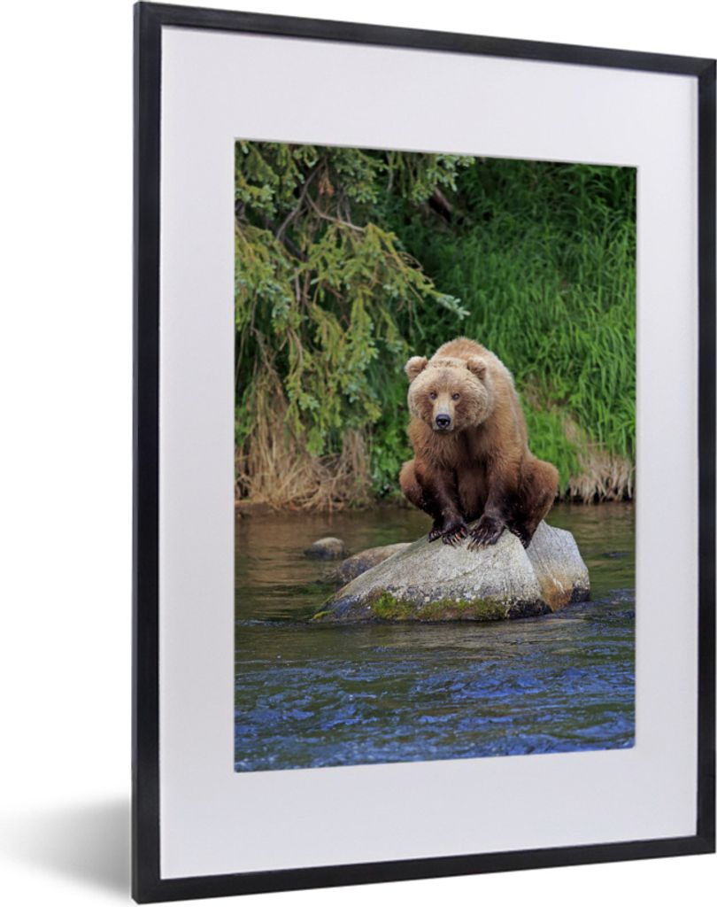 MuchoWow MuchoWow Gerahmtes Poster Bär - Stein - Tier 30x40 cm - Poster mit zchwarzem Bilderrahmen - Wandposter Schlafzimmer