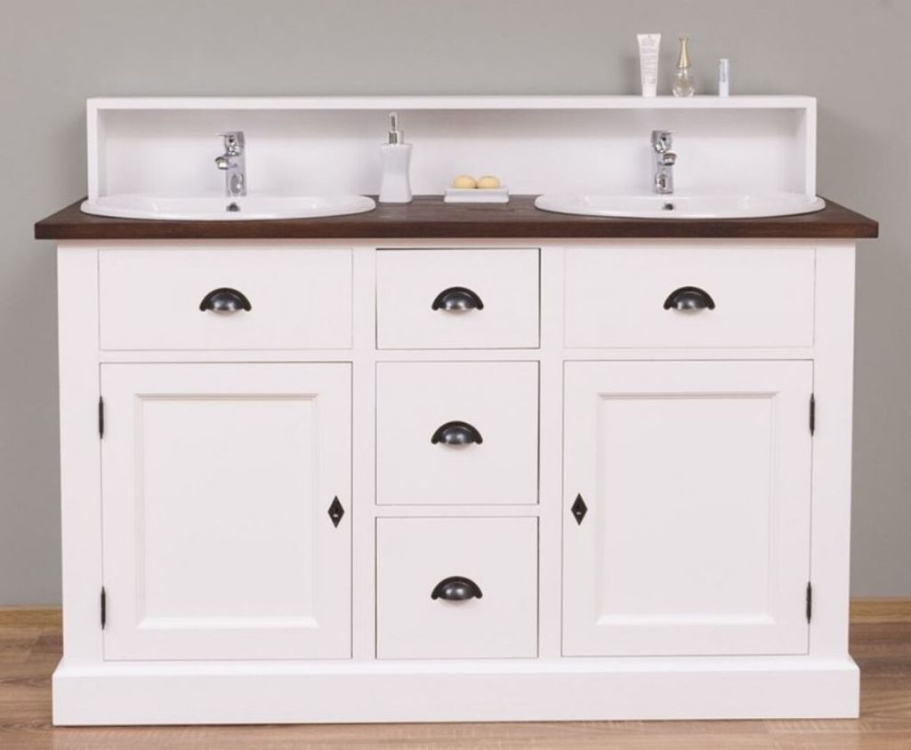 Casa Padrino Landhausstil Doppelwaschtisch Weiß / Dunkelbraun 147 x 51 x H. 110 cm - Massivholz Waschbeckenschrank - Badezimmer Möbel im Landhaus...