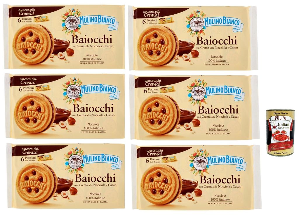 Mulino Bianco Baiocchi Kekse mit Haselnusscreme und Kakao zum Frühstück und süßer Snack für den Nachmittag 6x 336 g + Italian gourmet polpa 400g
