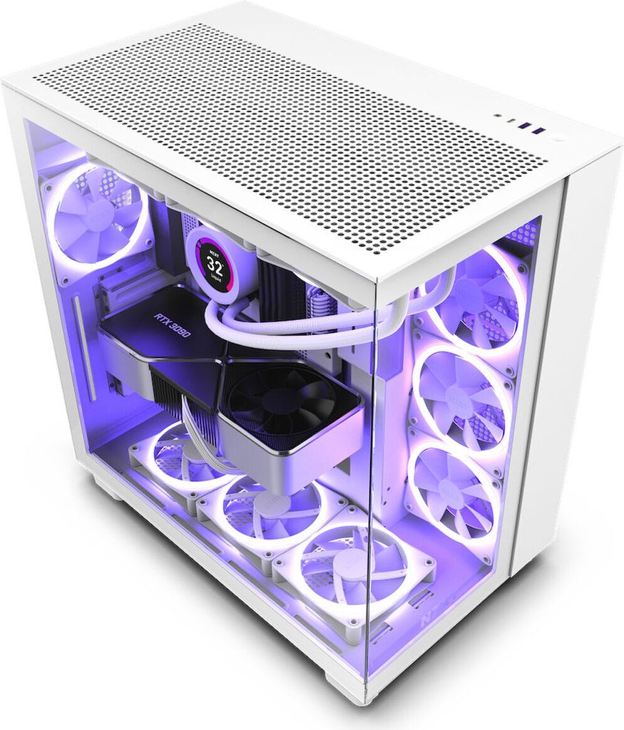 A white computer tower case with internal components illuminated by purple LED lights.