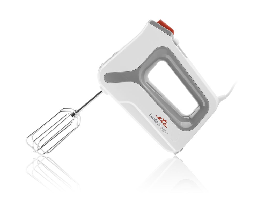 A white hand mixer with gray accents and a red button is shown against a white background, with its reflection visible below.
