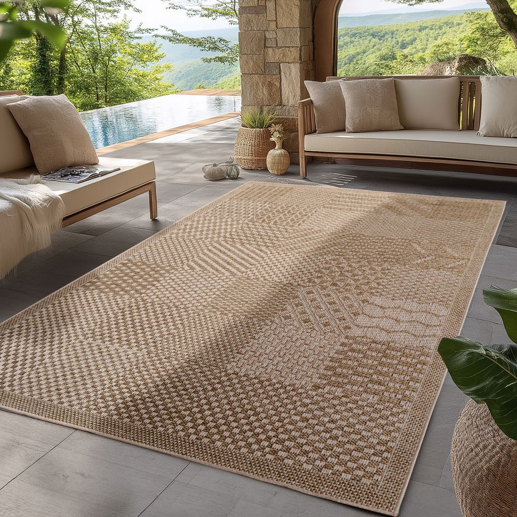 Indoor Outdoor Teppich Modern Boho Design, Ideal für Küche, Balkon, Terrasse, Wohnzimmer und Esszimmer, Größe: 240 x 340 cm, Farbe: Beige-2