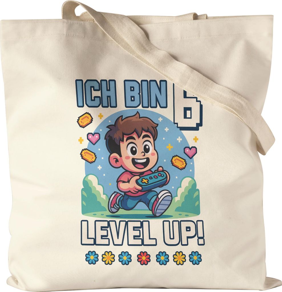 Ich bin 6 Level Up Tragetasche Jutebeutel Geschenkidee Kindergeburtstag Gamer Junge Mädchen 6 Jahre