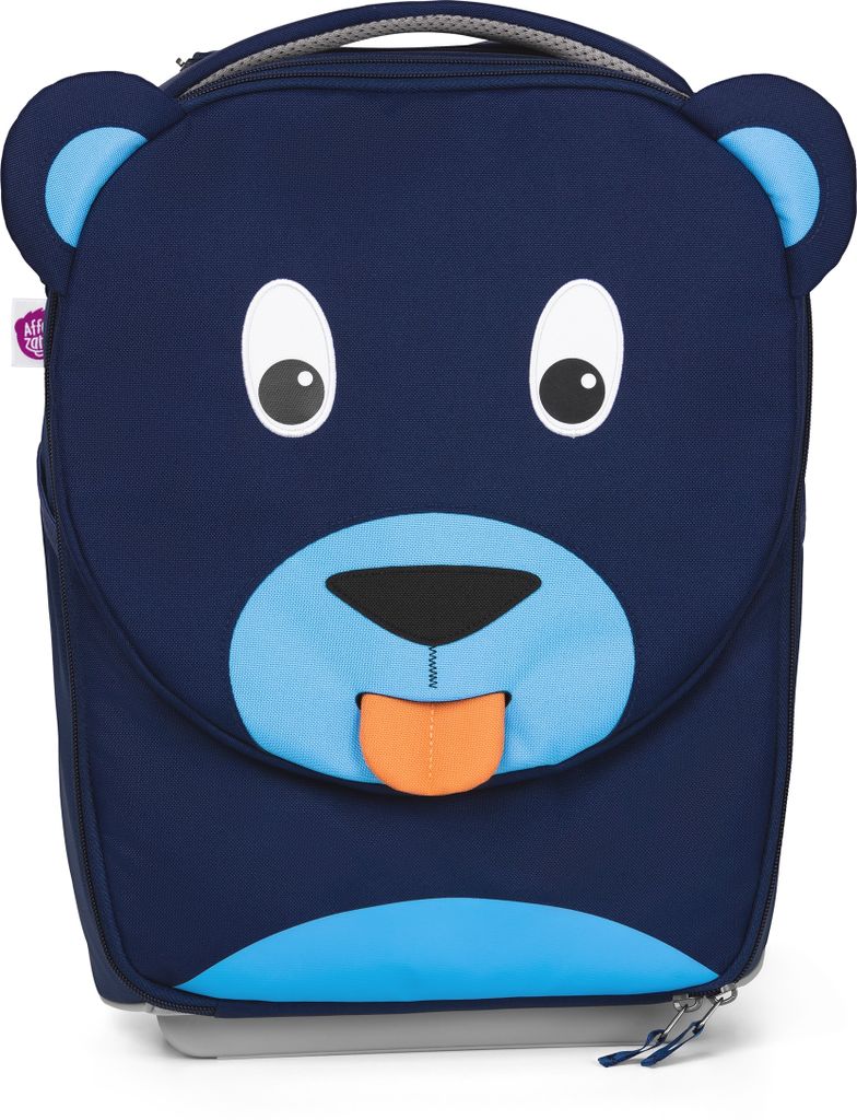 A close-up front view of a blue children's trolley suitcase designed to look like a bear's face.