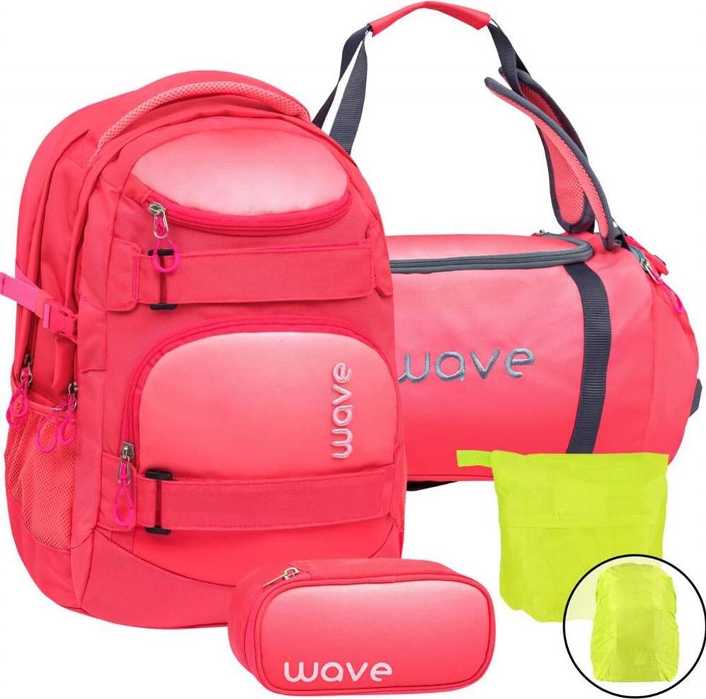 Wave Schulrucksack Set Mädchen 4tlg OMBRE CORAL PARADISE mit Sporttasche Schlamper Regenschutz ab 5. Klasse