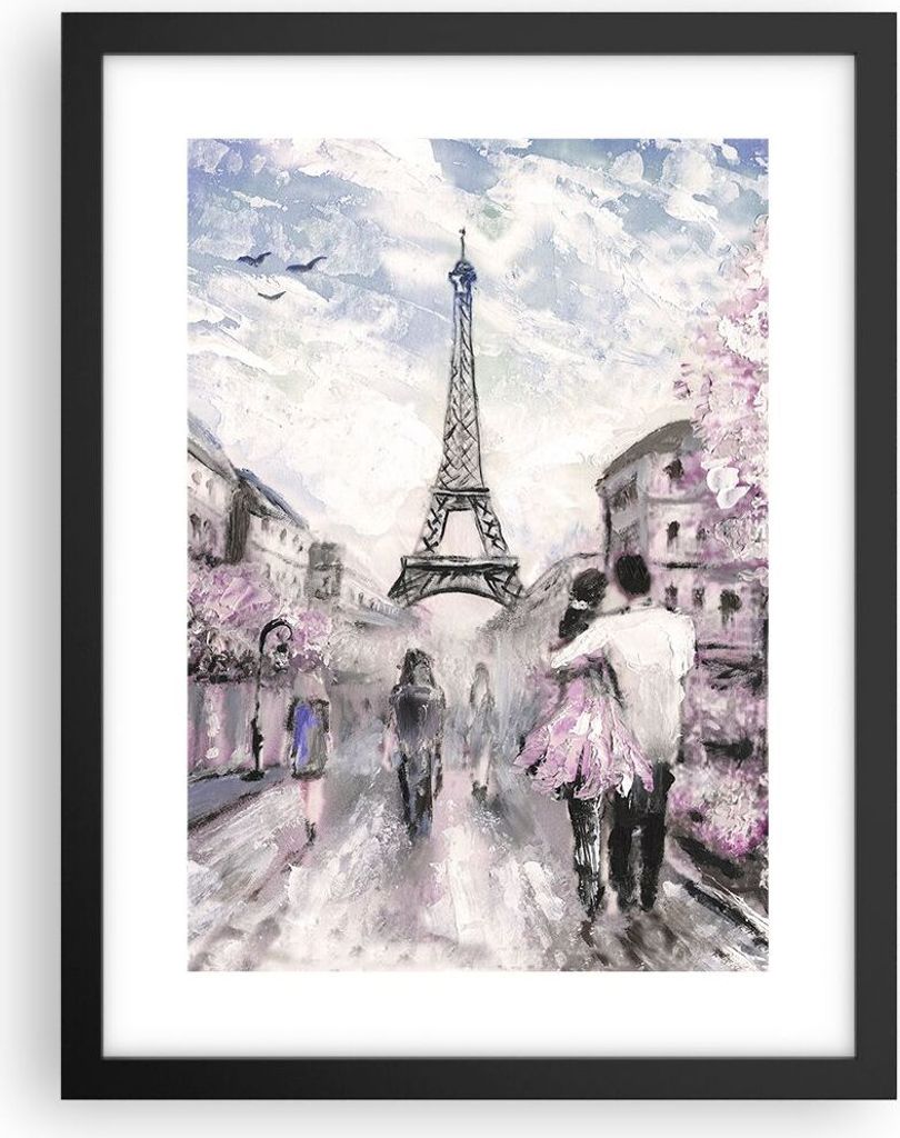 Gerahmtes Poster - Schwarzer Rahmen - Paris Weg Illustration eiffle - 30x40 cm - Wand Bild - Wanddeko - Wandbilder - Wandposter - Bilderrahmen - Bi...