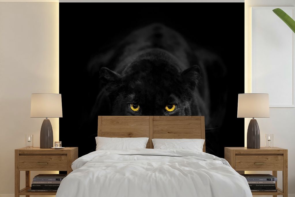 MuchoWow Fototapete für Wohnzimmer oder Schlafzimmer Wandtapete Vinyl Motivtapete Leopard - Augen - Schwarz - 300x300 cm - Wanddekoration