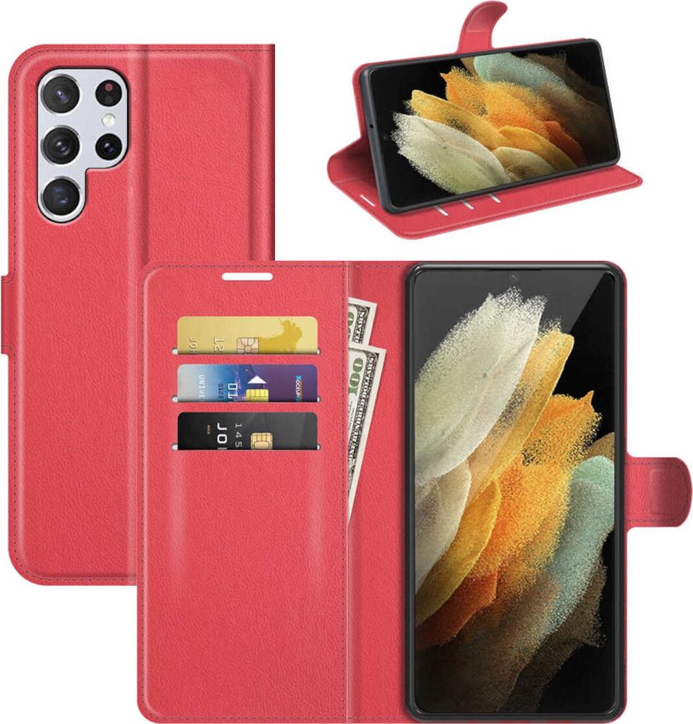 Für Samsung Galaxy S22 Ultra Handy Tasche Rot Etuis Kunst-Leder Hülle Schutz Neu