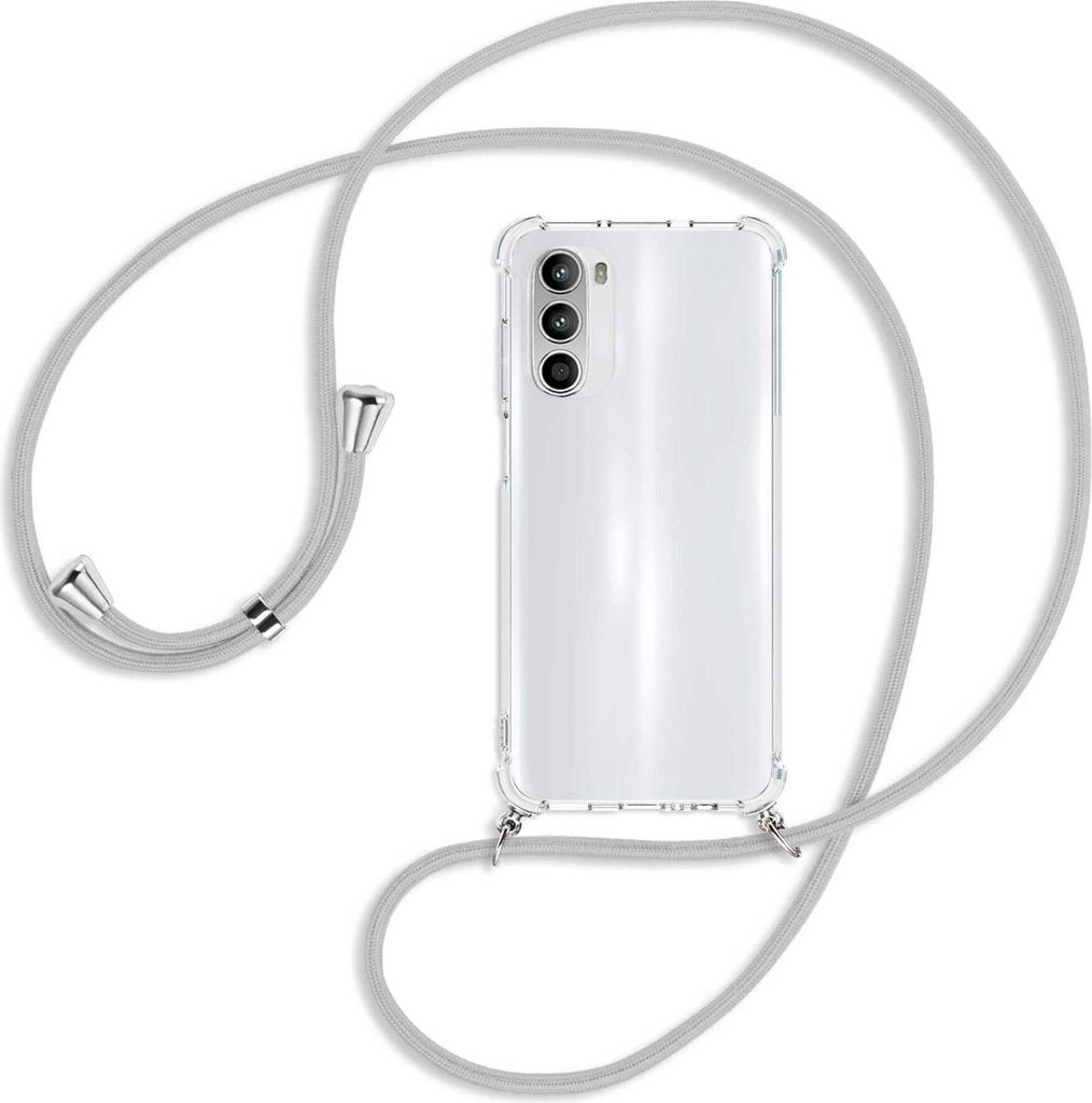 Handykette Backcover-Schutzhülle mit Band (Metall silberfarben) für Motorola Moto G52 / G82 - silbergrau