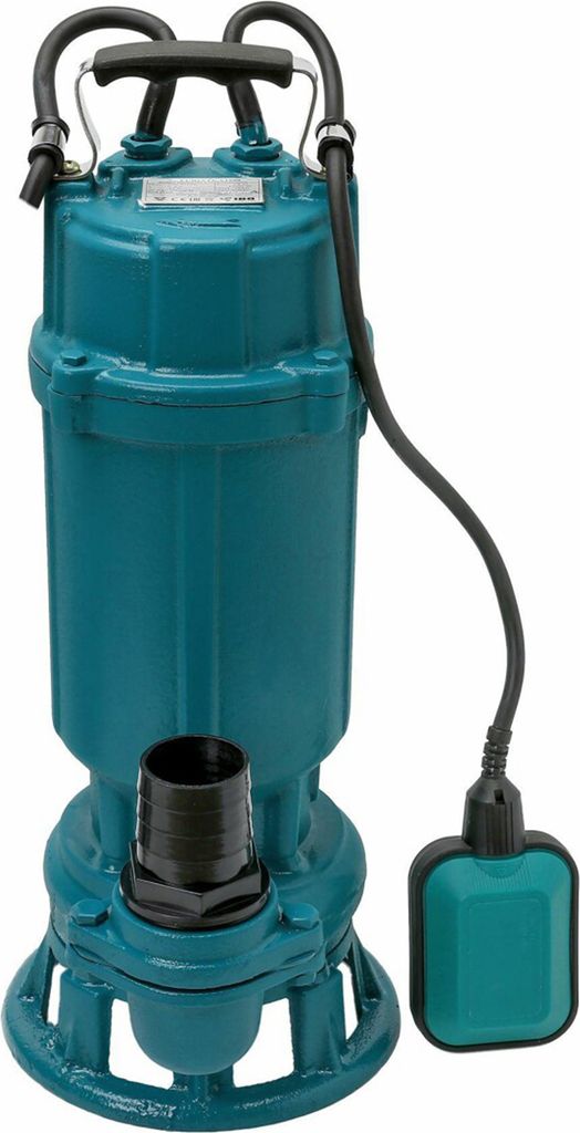 A teal submersible pump with a black power cord and float switch is shown against a white background.
