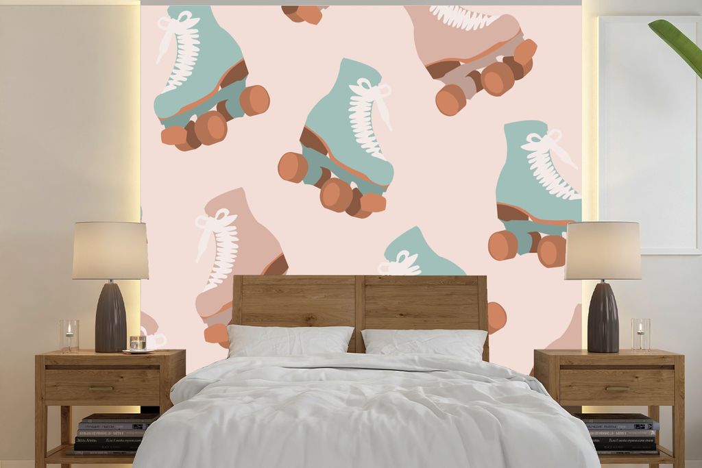 MuchoWow Fototapete für Wohnzimmer oder Schlafzimmer Wandtapete Vinyl Motivtapete Sommer - Rollerblades - Blau - Rosa - 300x300 cm - Wanddekoration