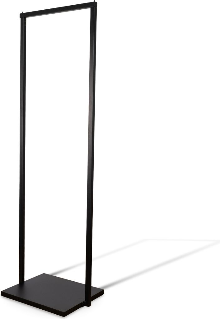 A black metal garment rack with a square base, shown against a white background.