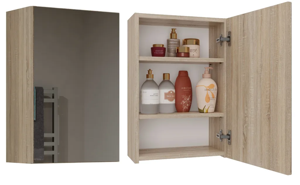 Armoire miroir MARGO chêne sonoma, meuble de toilette une porte 60cm